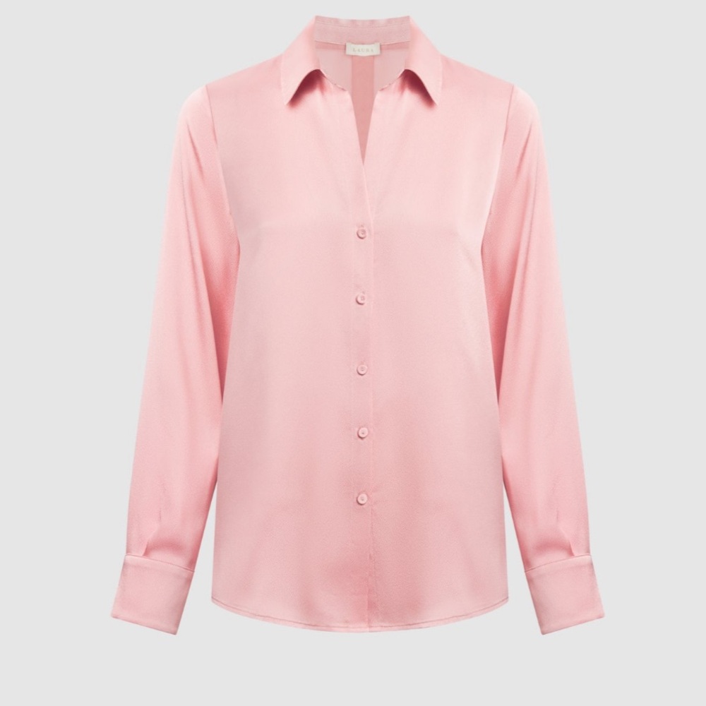 Laura Satin Button-Down Long Sleeve Blouse Top Shirt Pink Diamond Office